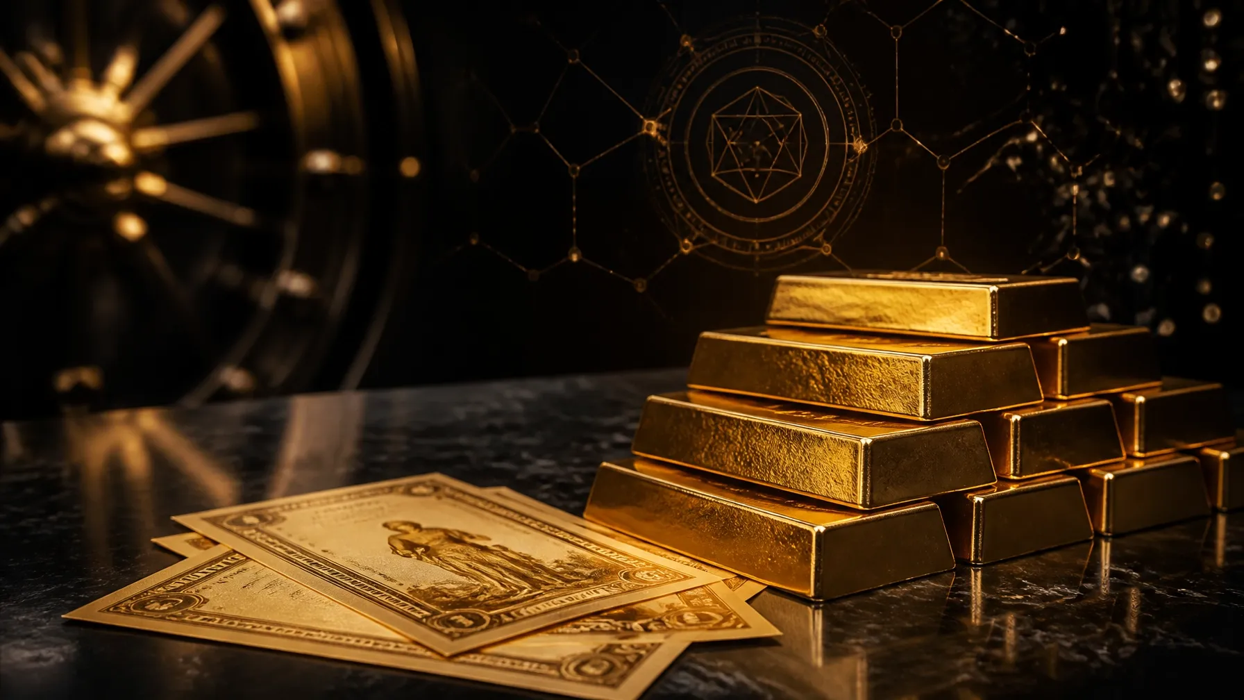 Gold bars and Goldback currency under vault lighting with a blockchain mesh motif