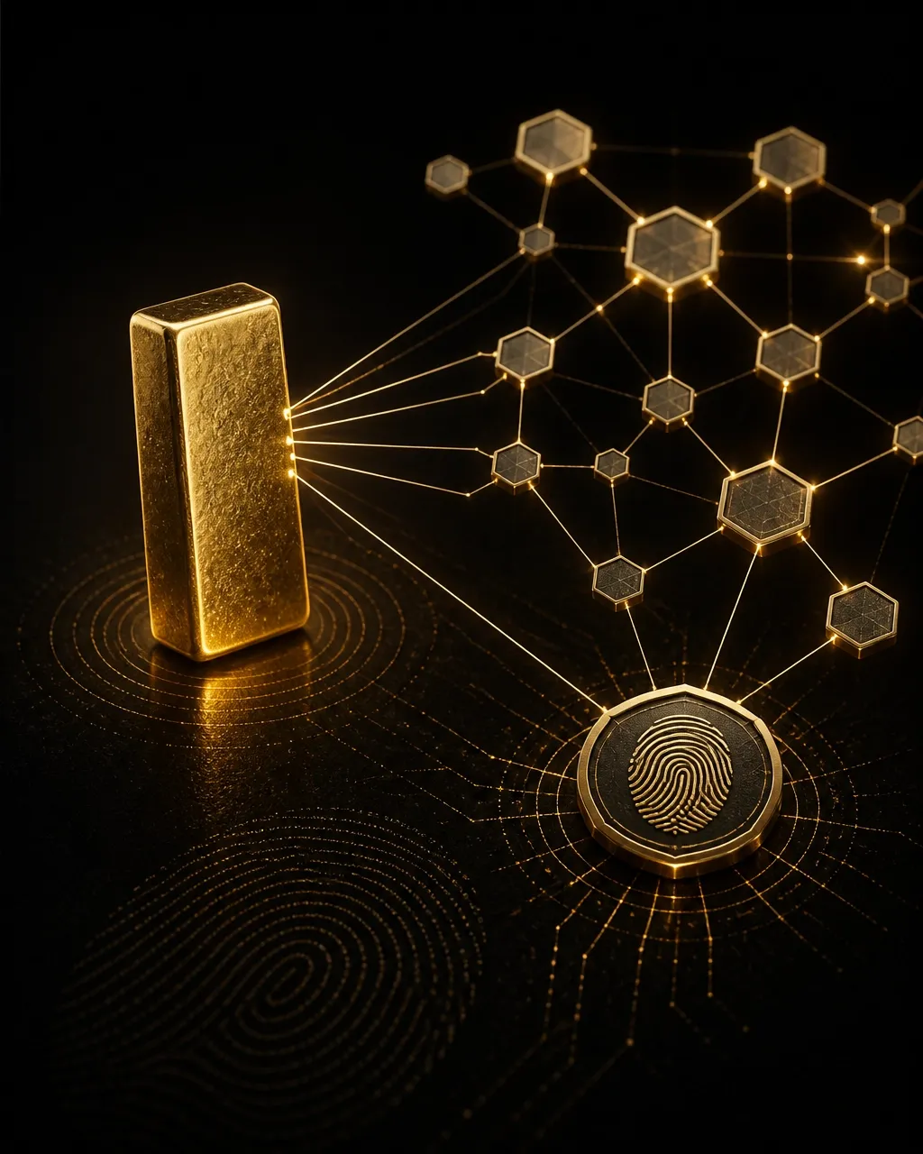 Gold bar linked to a cryptographic hash seal and hexagonal verification network